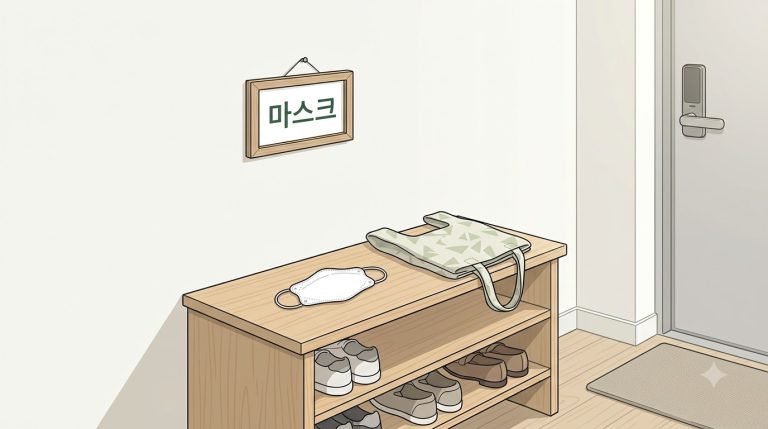 현관 신발장 위에 놓인 보건용 마스크와 외출용 가방
