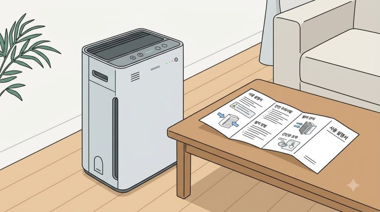 거실에 놓인 공기청정기와 사용 설명서